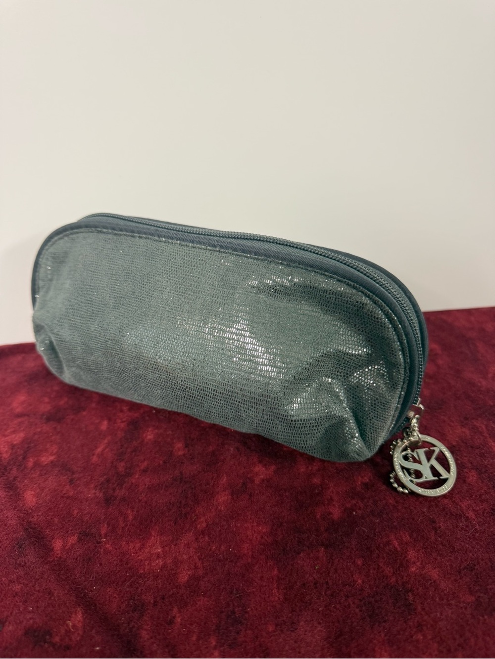 Sonia Kashuk Cosmetic Makeup Bag Charcoal Gray Metallic Textured Zip Pouch